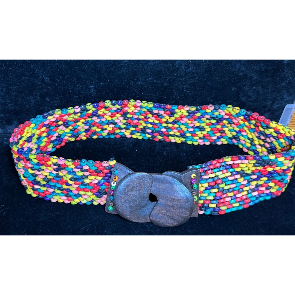 Vintage Boho Multi Color Woven Wood Bead Belt with Interlocking Wood Buckle 32in